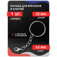 Кольцо для ключей и брелоков с цепочкой и карабином 1 шт серебро